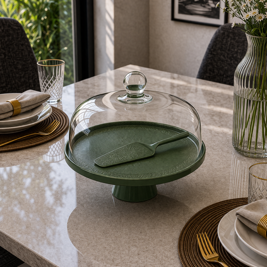 Angela Elegant Green Glass Dome Ceramic Cake Stand Set