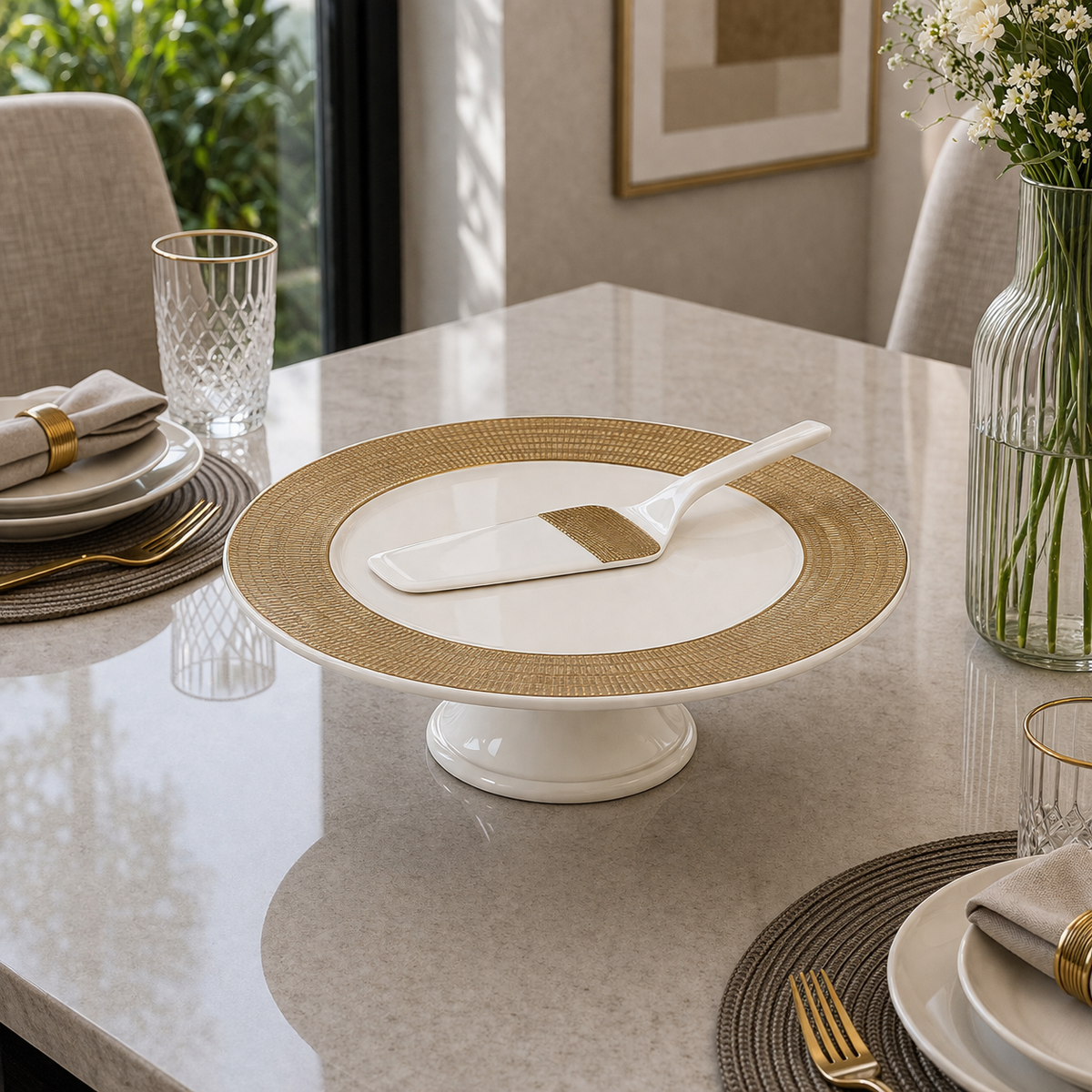 Angela Elegant Gold Rim Textured Ceramic Cake Stand with Server