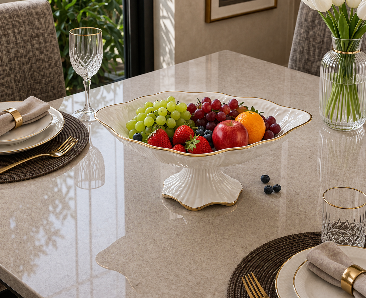 Angela Elegant Wide Scalloped Ceramic Fruit Bowl with Pedestal Base