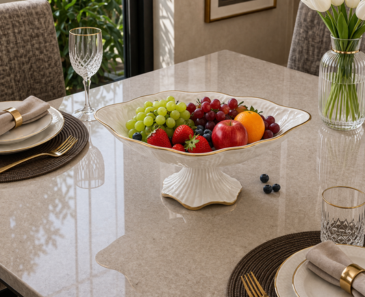 Angela Elegant Wide Scalloped Ceramic Fruit Bowl with Pedestal Base