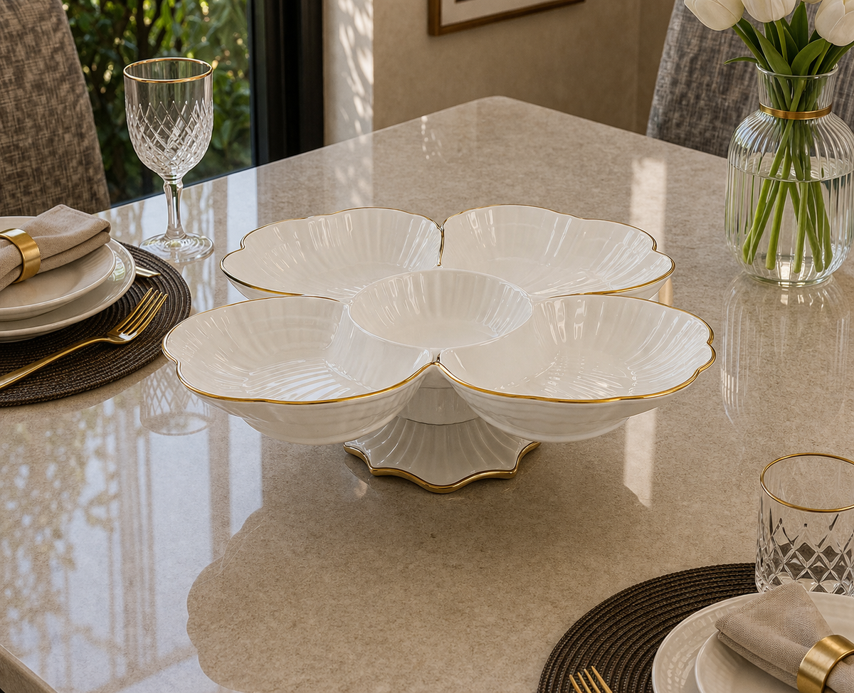 Angela Elegant Floral Divided Ceramic Serving Bowl with Stand