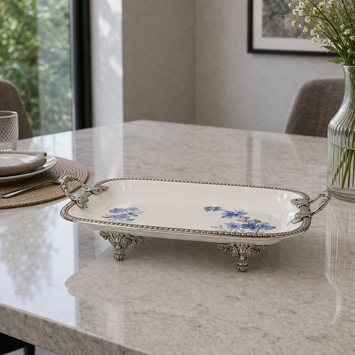 Angela Elegant Floral Silver-Handle Ceramic Serving Platter