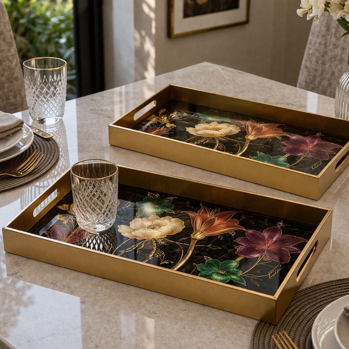 Angela Luxury Floral Gold Frame Metal Serving Tray Set