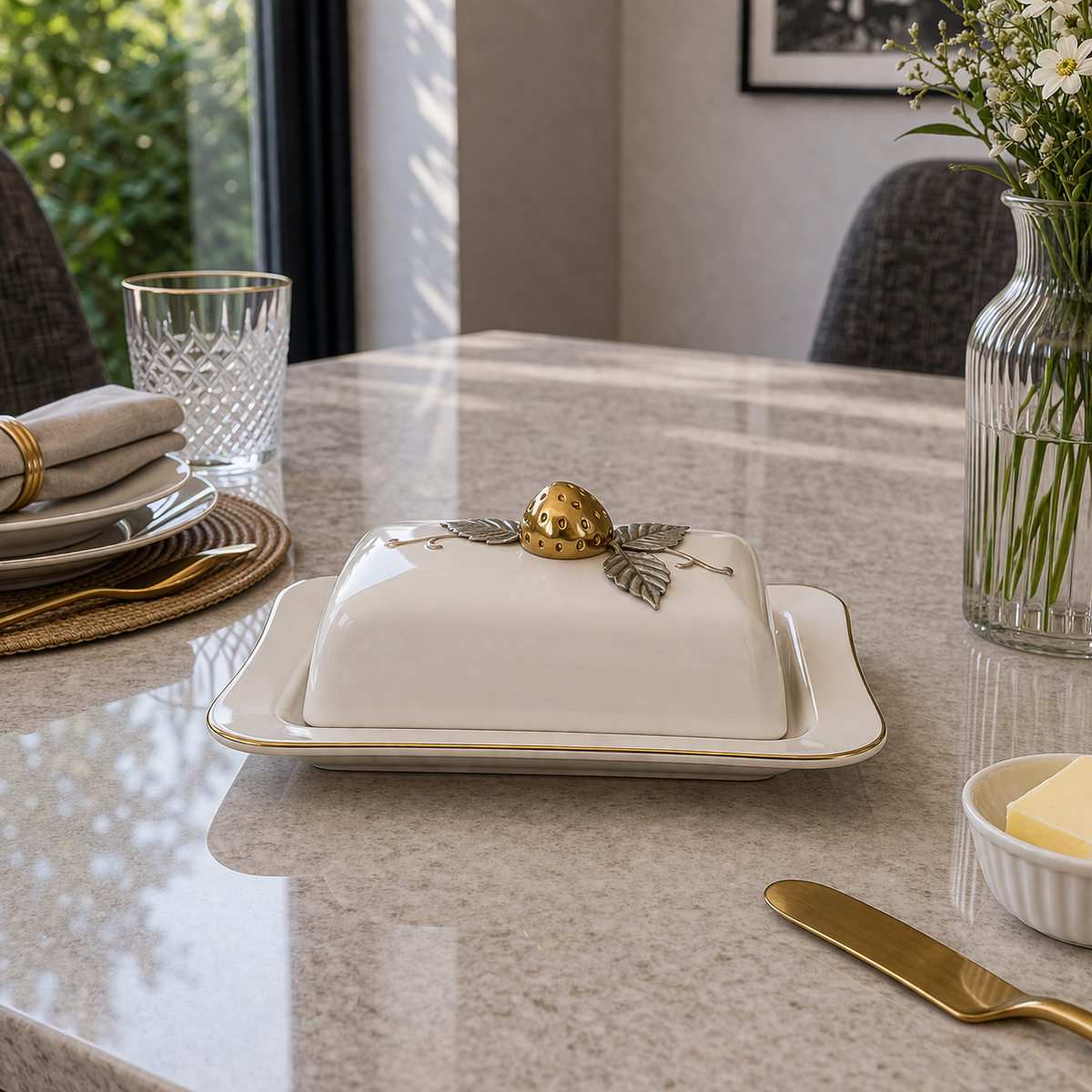Angela Elegant Gold Accent Ceramic Butter Dish with Lid