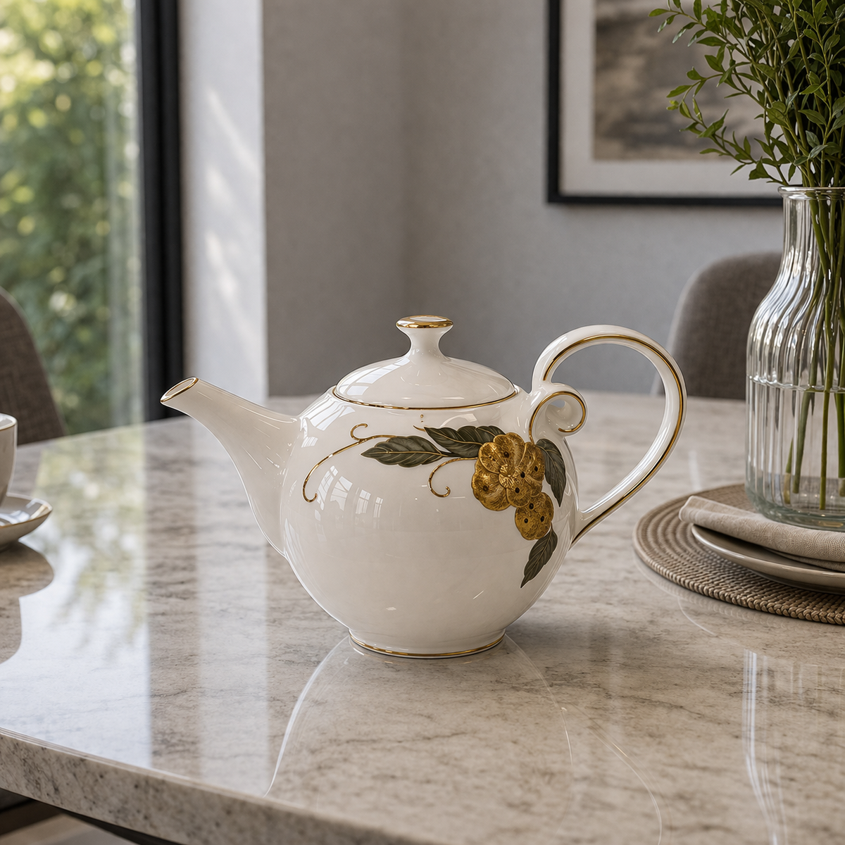 Angela Elegant Gold Floral Ceramic Teapot