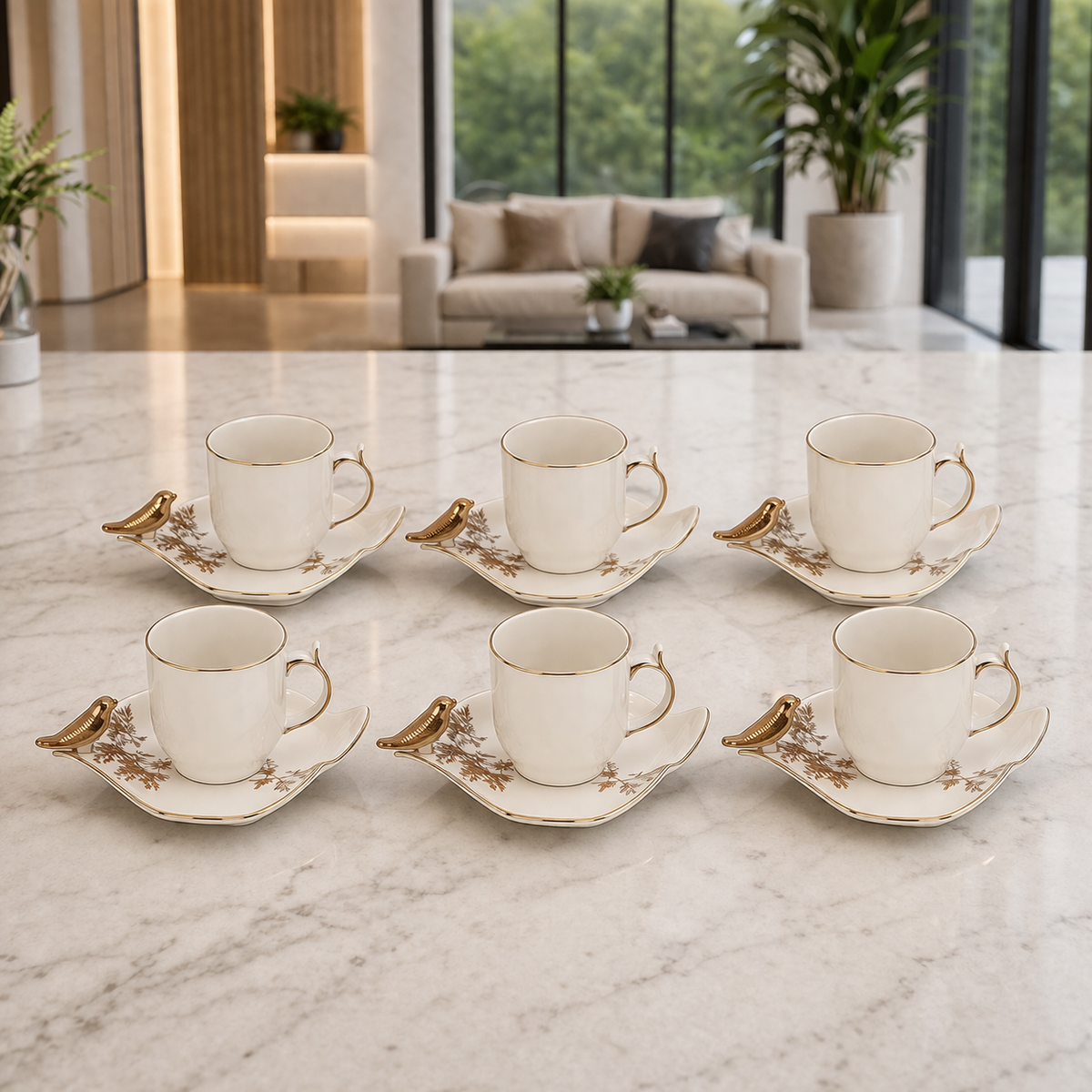 Angela Golden Bird Accent 6-Piece Ceramic Tea Cup Set