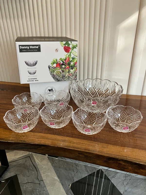 DANNY HOME 7-Piece Crystal Glass Bowl Set – 6 Small Bowls with 1 Large Serving Bowl