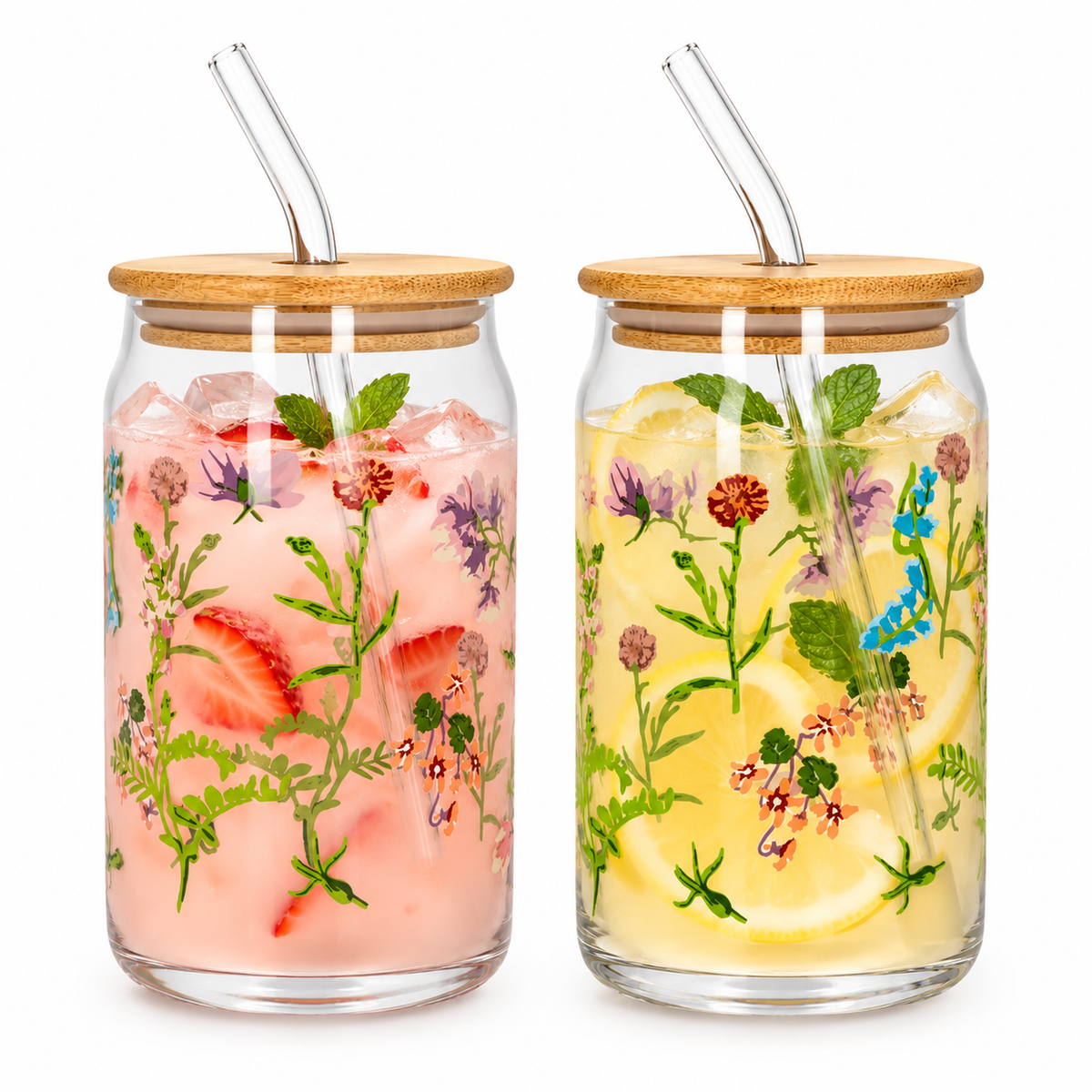 Danny Home Drinking Glass Cup 2pcs 500ml - Floral Printed