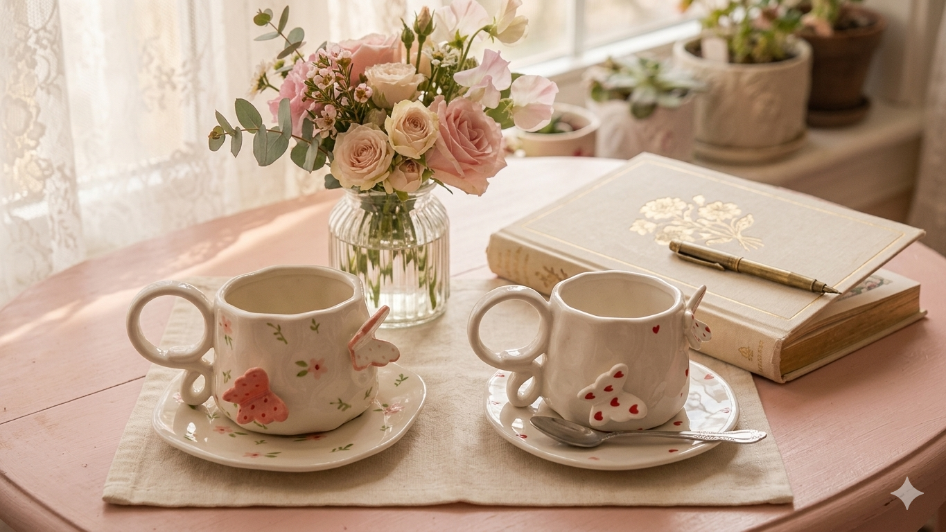 Cute Floral Butterfly Mug with Saucer – 310ml Tea Cup