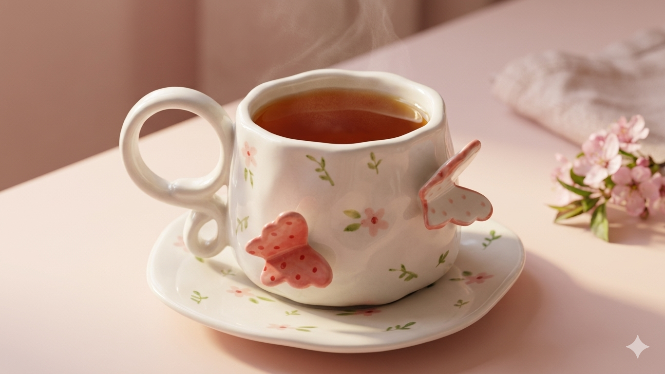 Cute Floral Butterfly Mug with Saucer – 310ml Tea Cup