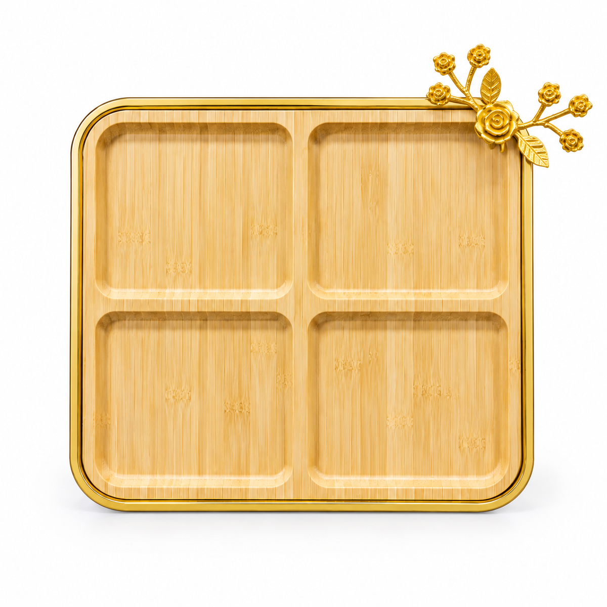 Square Bamboo Divided Tray with Golden Accent | Medium