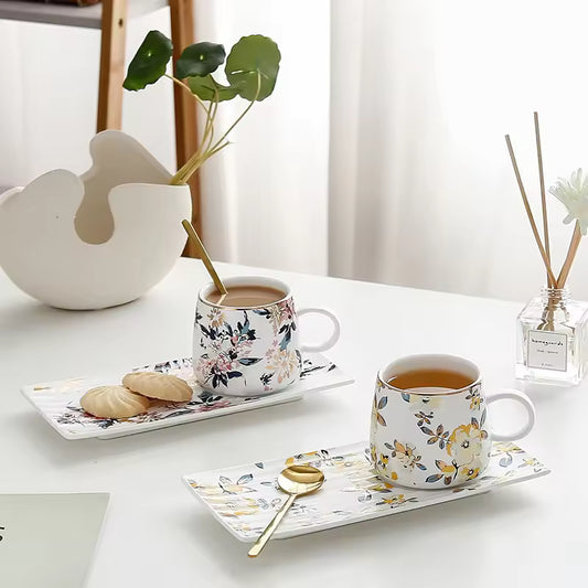 Ceramic Coffee Mug Set Tea Cup with Spoon and Tray, Retro Flower