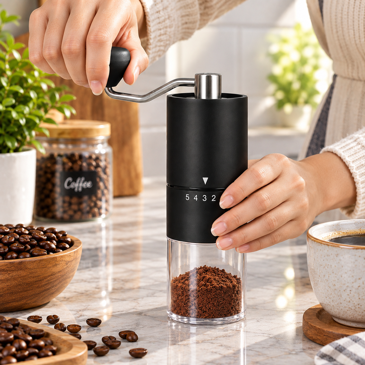 Manual Coffee Grinder – Adjustable Hand Coffee Bean Grinder with Glass Container