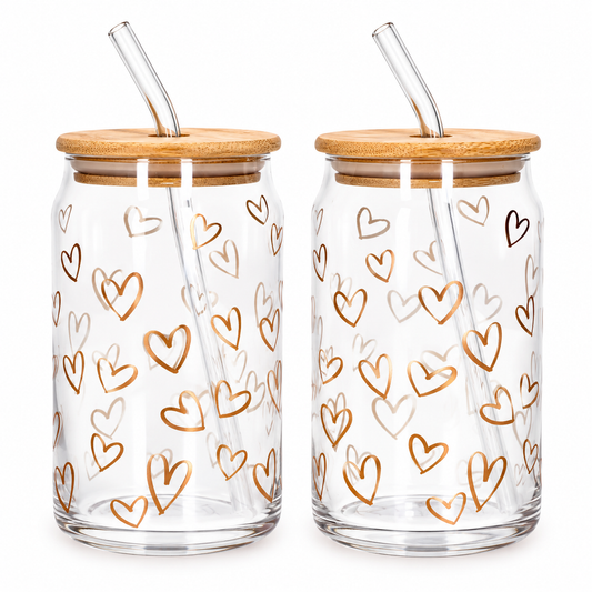 Danny Home Drinking Glass Cup 2pcs 500ml - Bronze Hearts Printed