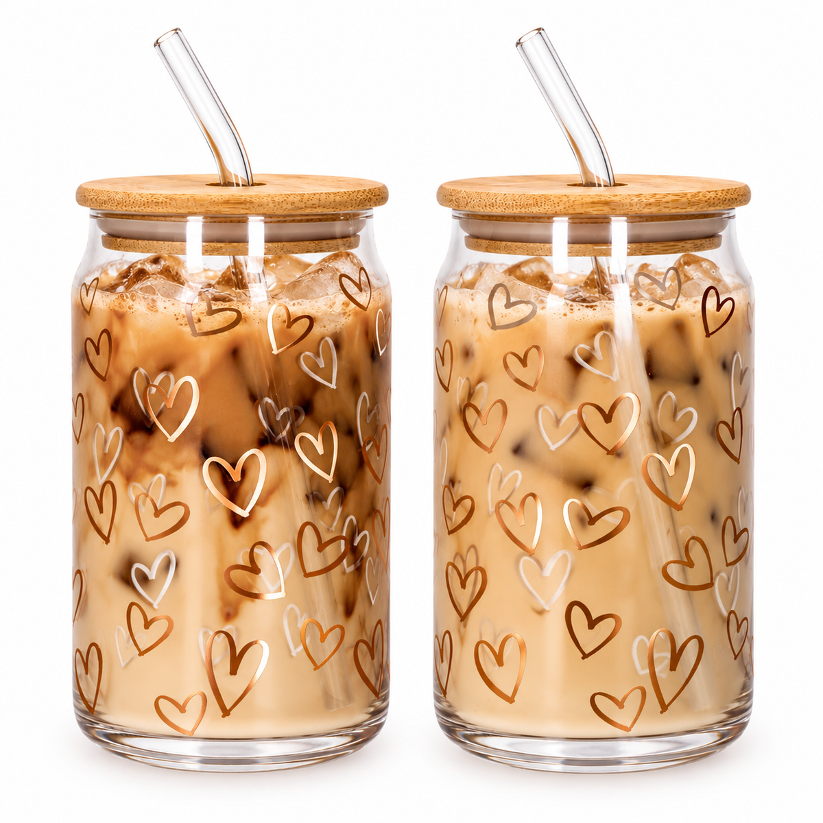 Danny Home Drinking Glass Cup 2pcs 500ml - Bronze Hearts Printed