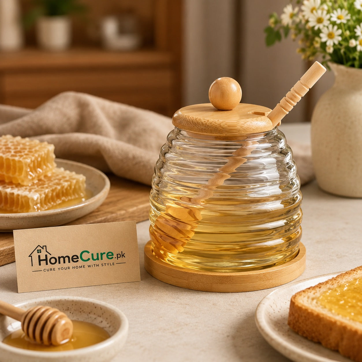Premium Glass Honey Jar with Wooden Dipper & Bamboo Lid