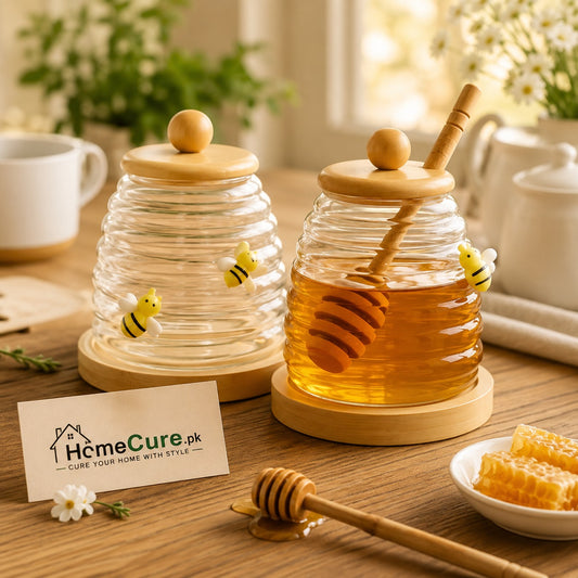 Premium Glass Honey Jar with Wooden Dipper & Bamboo Lid