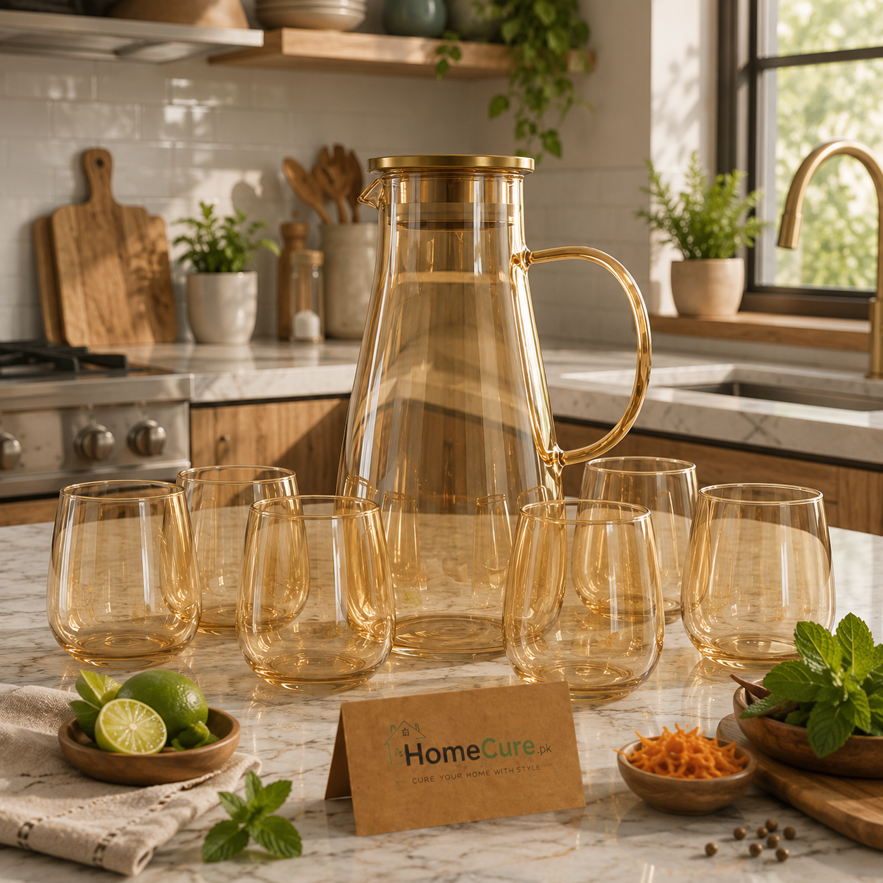 Premium Heat Resistant Glass Water Jug with 6 Glasses Set | 1.8L Cold & Hot Beverage Pitcher