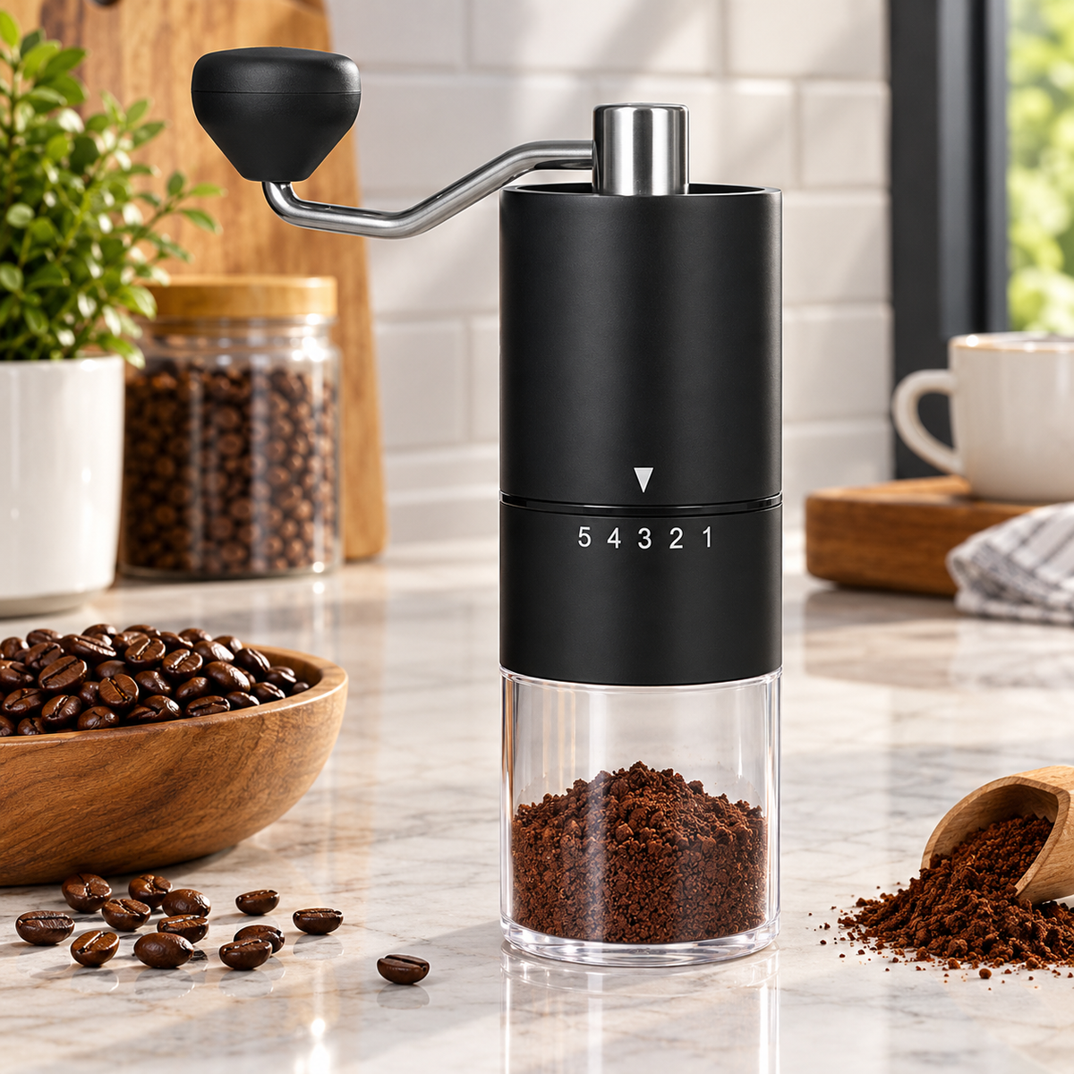 Manual Coffee Grinder – Adjustable Hand Coffee Bean Grinder with Glass Container