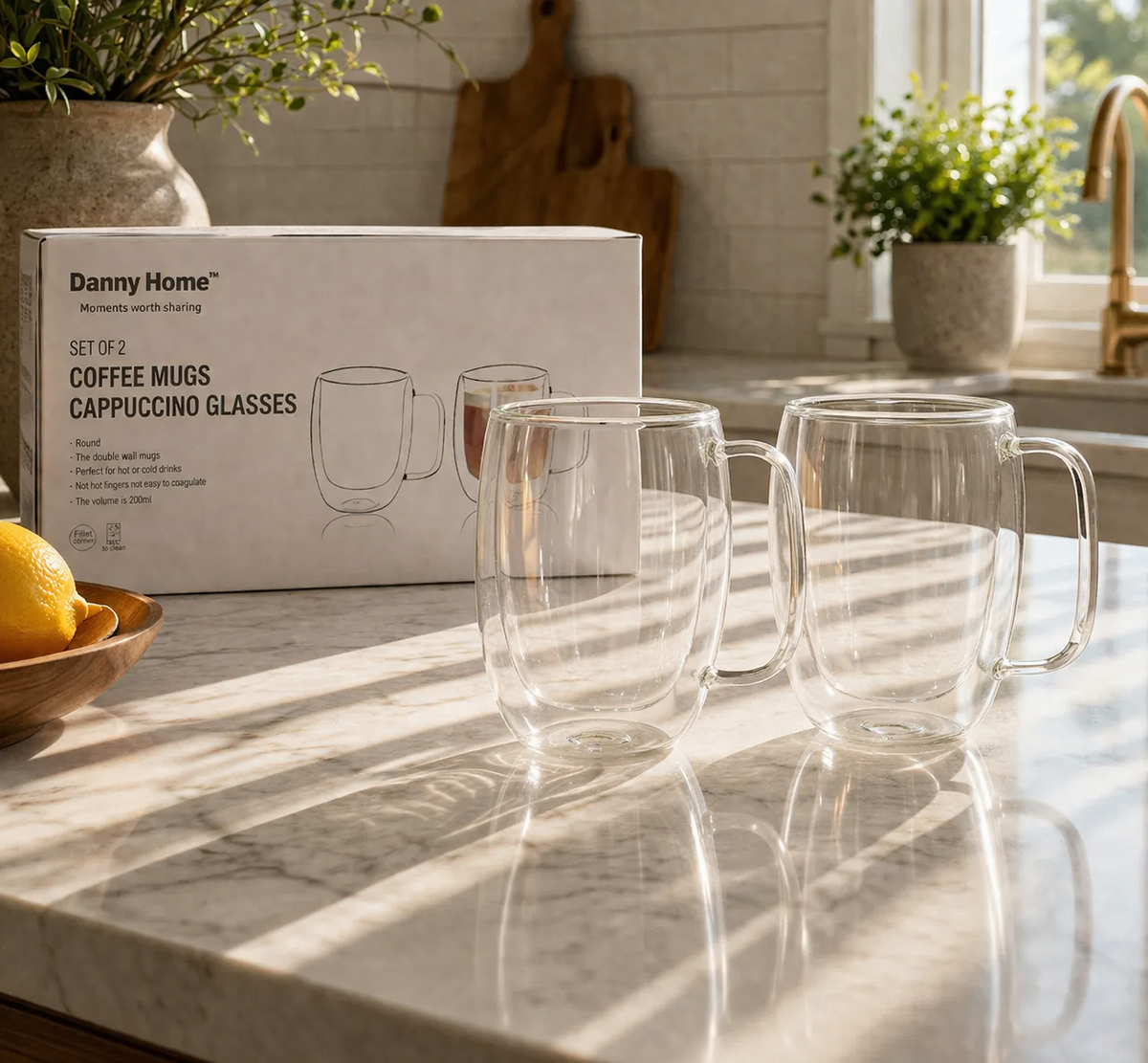 Danny Home Double Walled Glass Mug with Handle 200ml - 2Pcs Set