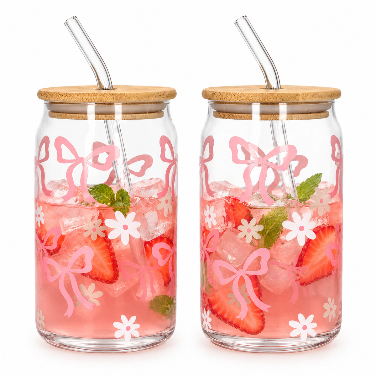 Danny Home Drinking Glass Cup 2pcs 500ml - Pink Bows & Floral