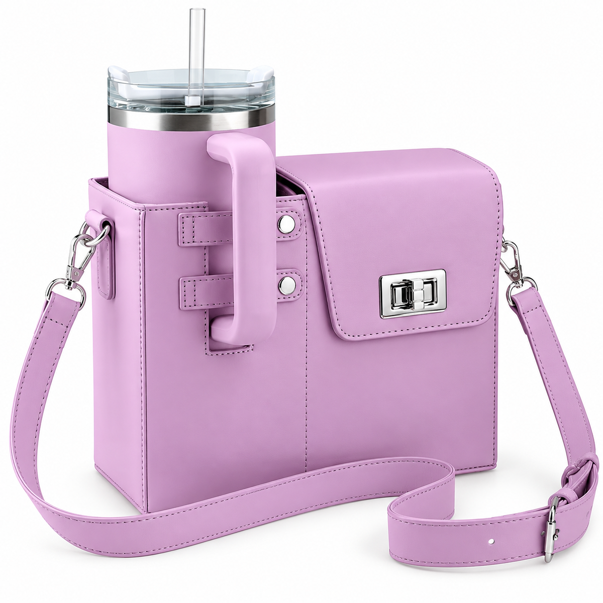 Leather Crossbody Bag With Stanley Cup Holder | Purple