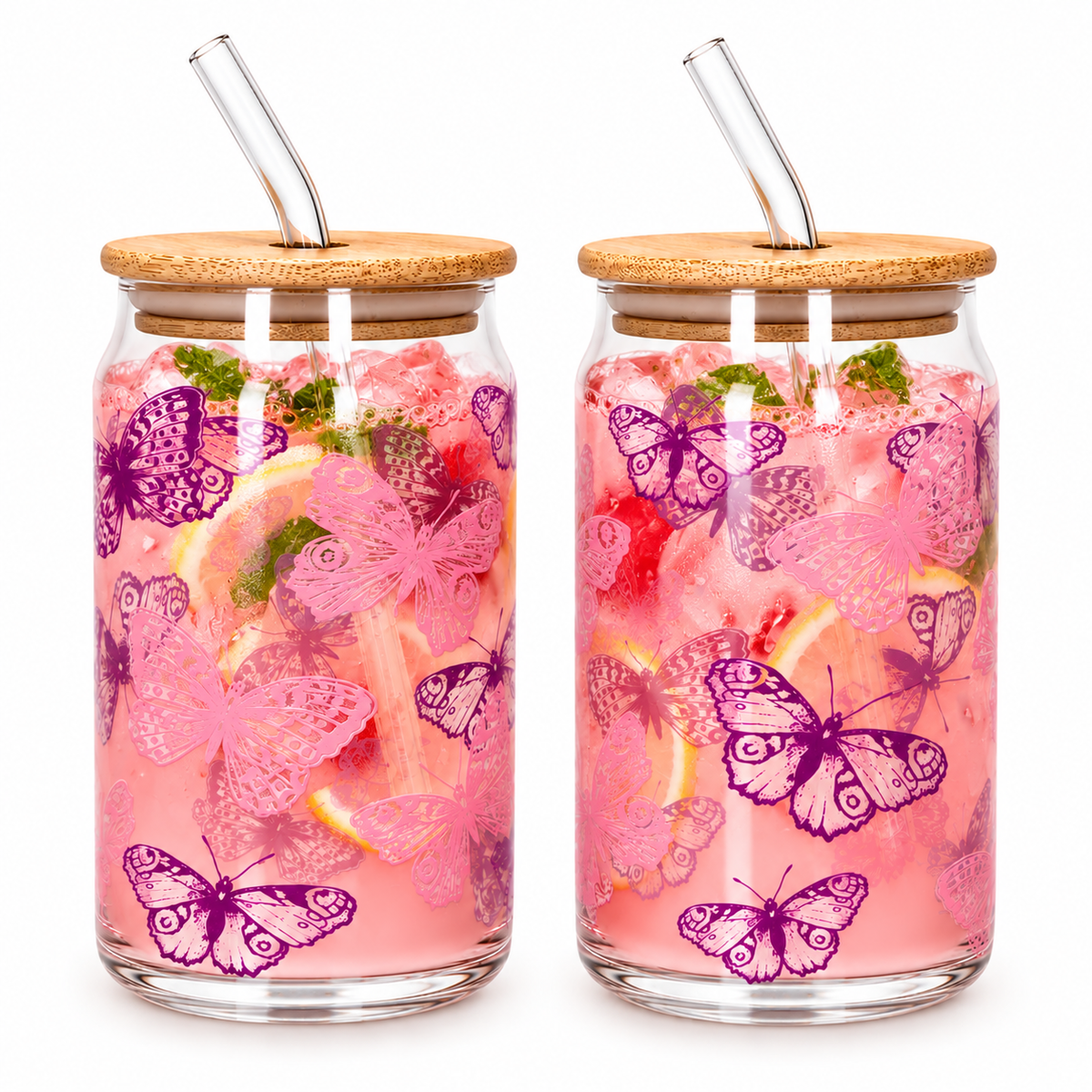 Danny Home Drinking Glass Cup 2pcs 500ml -  Butterfly Printed