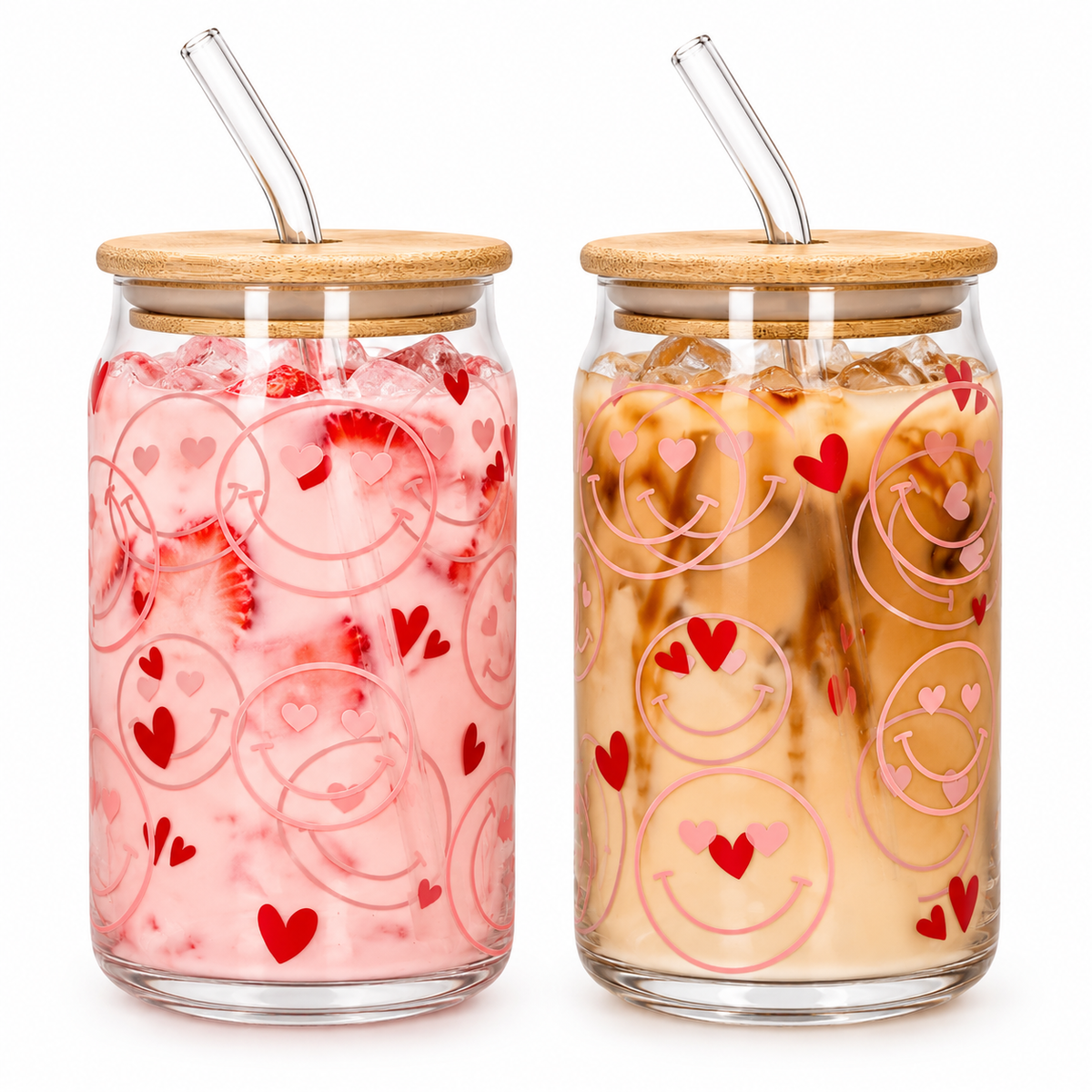 Danny Home Drinking Glass Cup 2pcs 500ml - Red Hearts & Smiley Face Printed