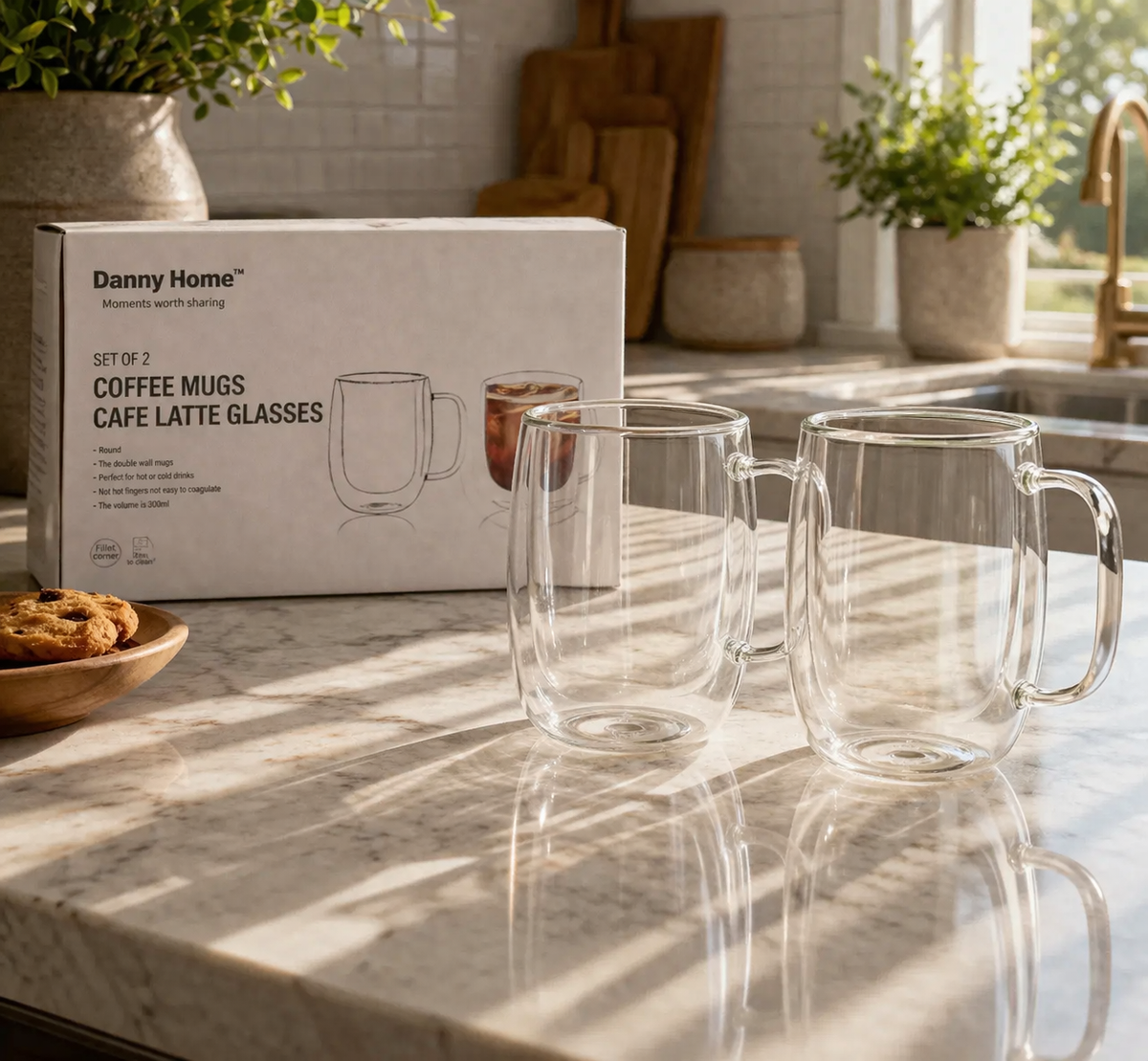 Danny Home Double Walled Glass Mug with Handle 300ml - 2Pcs Set
