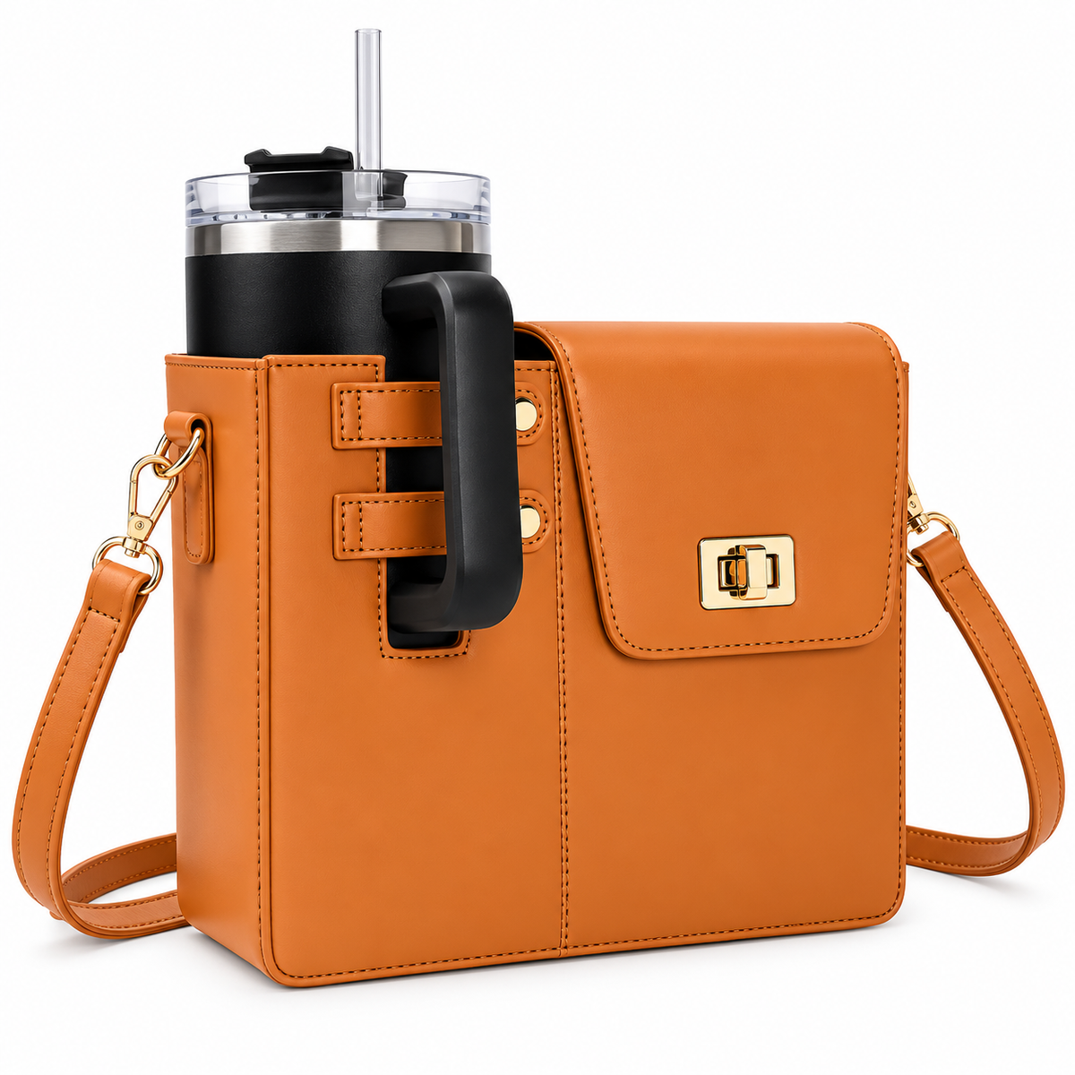 Leather Crossbody Bag With Stanley Cup Holder | Brown