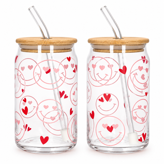 Danny Home Drinking Glass Cup 2pcs 500ml - Red Hearts & Smiley Face Printed