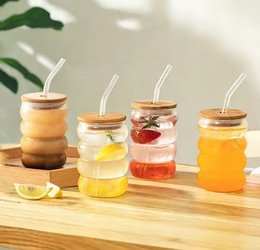 GLASS CUP WITH WOODEN LID & STRAW