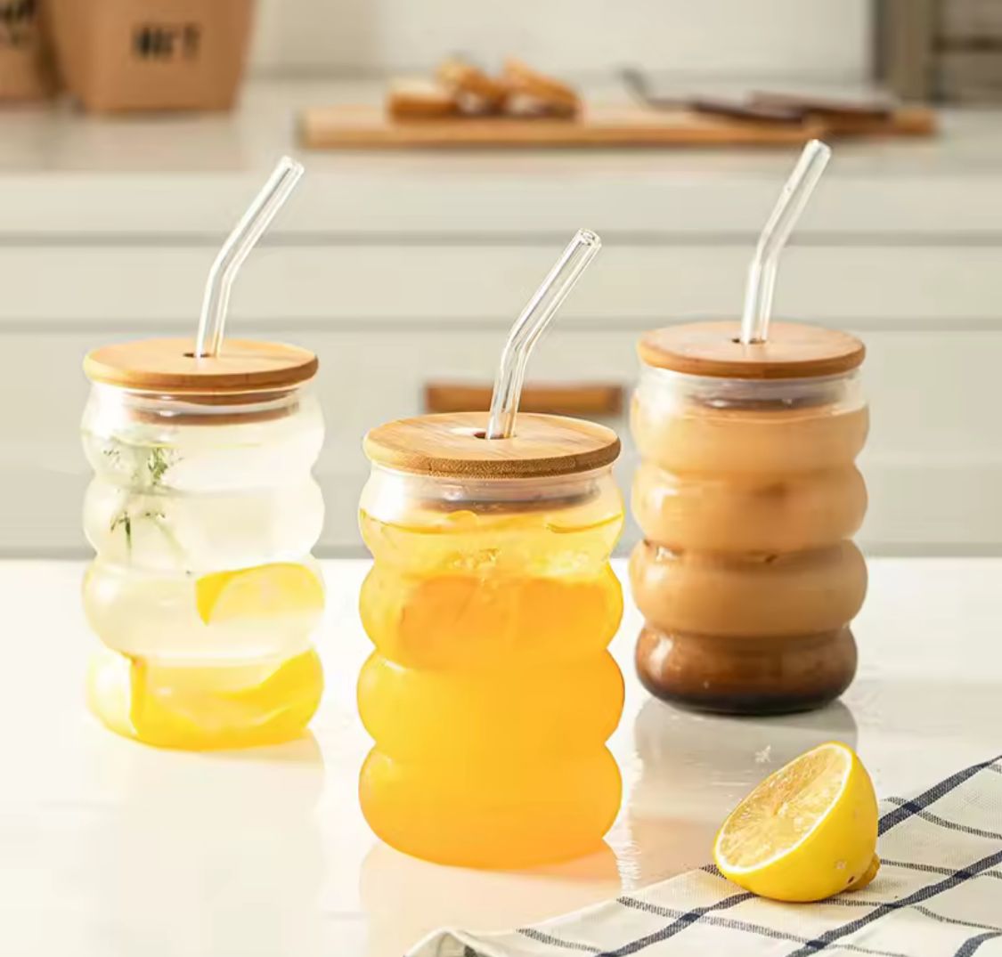 GLASS CUP WITH WOODEN LID & STRAW