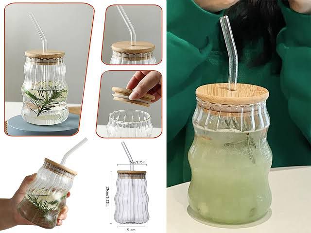 500 ml Wavy Shape Coffee Glass with Wooden Lid and Straw