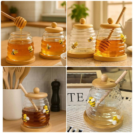 High End Imported Glass Honey Jar with Wooden Dipper, Airtight Bamboo Lid & Wooden Organizer Stand – Honey Pot Container Holder Syrup Dispenser for Home Kitchen