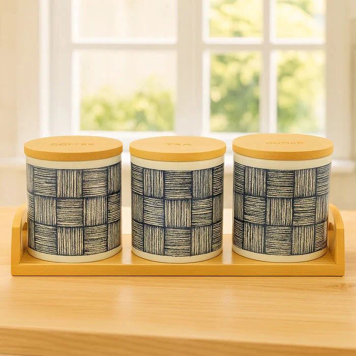Premium 3-Piece Ceramic Jar Set with Bamboo Tray & Lids