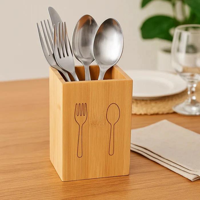 Natural Bamboo Utensil Organizer – Modern Square Cutlery Caddy