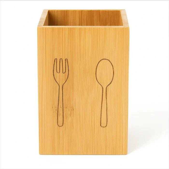 Natural Bamboo Utensil Organizer – Modern Square Cutlery Caddy
