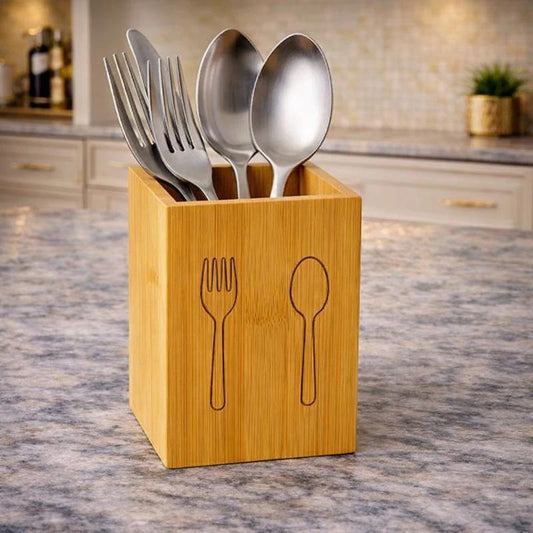 Natural Bamboo Utensil Organizer – Modern Square Cutlery Caddy