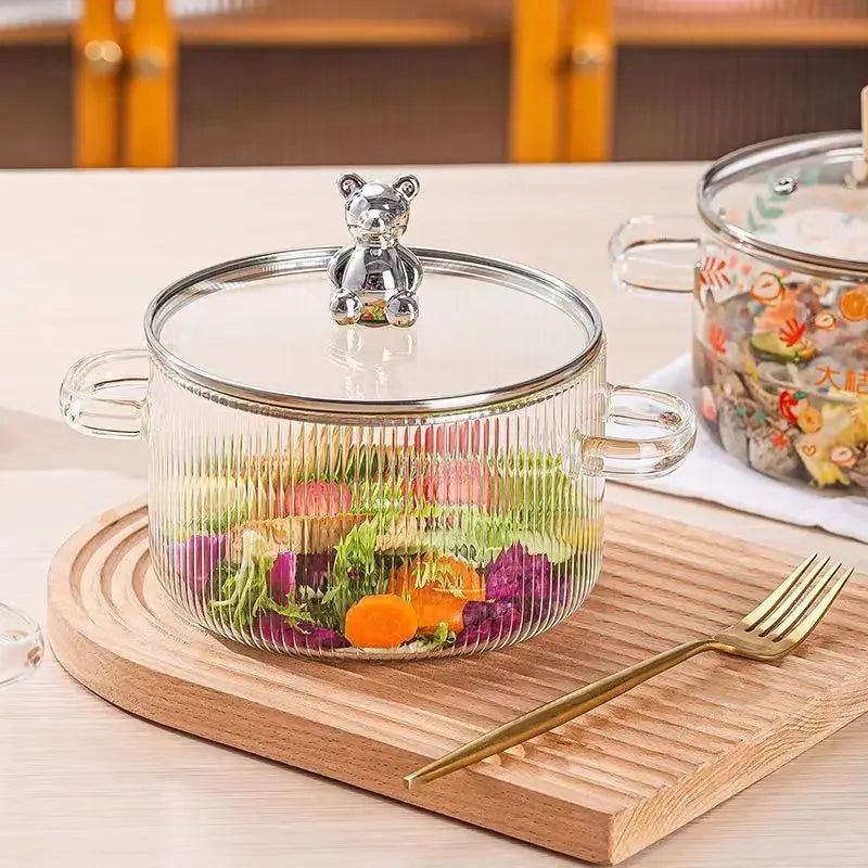 Premium Silver Bear Ribbed Glass Cooking Pot - 2000ml
