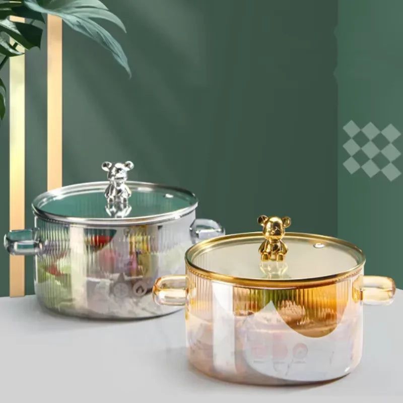 Premium Silver Bear Ribbed Glass Cooking Pot - 2000ml