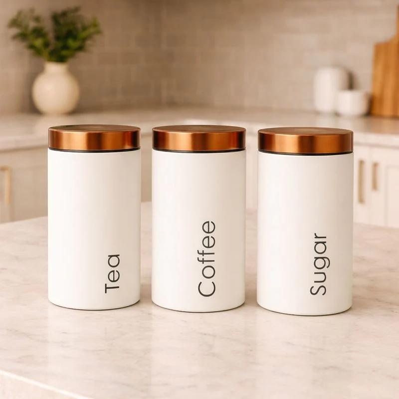 Matte White & Copper Canister Set 3Pc Tea Coffee Sugar