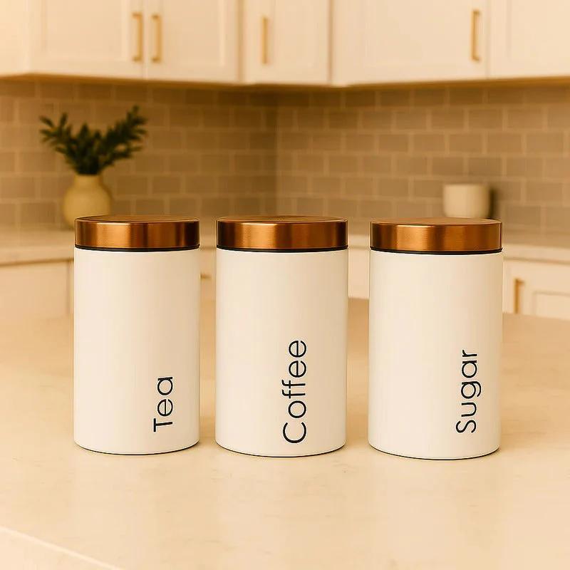 Matte White & Copper Canister Set 3Pc Tea Coffee Sugar
