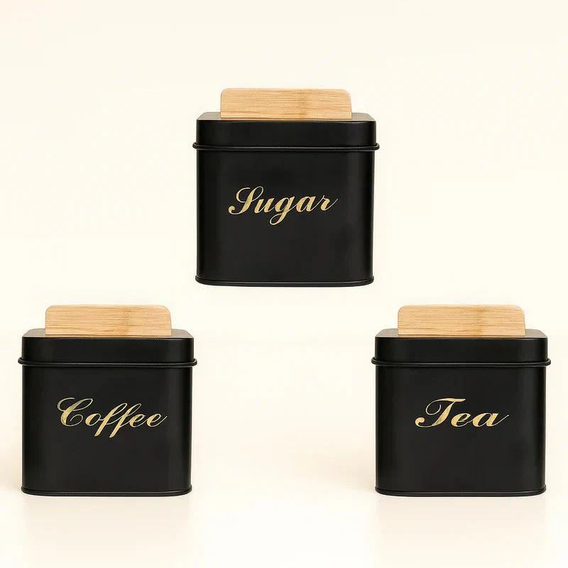 3Pc Square Metal Canister Set Bamboo Lid Storage Jars