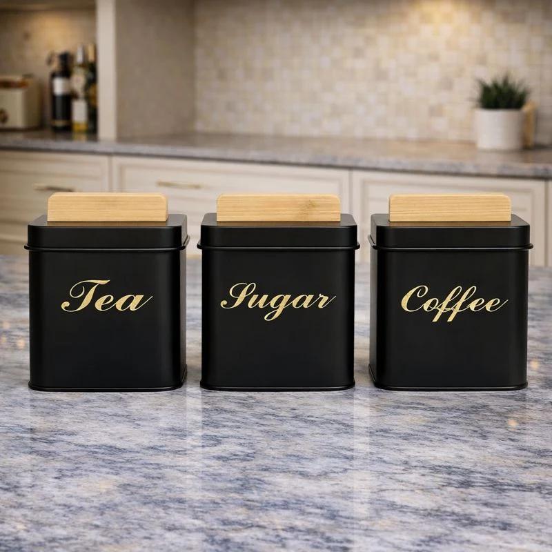 3Pc Square Metal Canister Set Bamboo Lid Storage Jars
