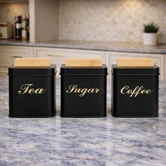 3Pc Square Metal Canister Set Bamboo Lid Storage Jars