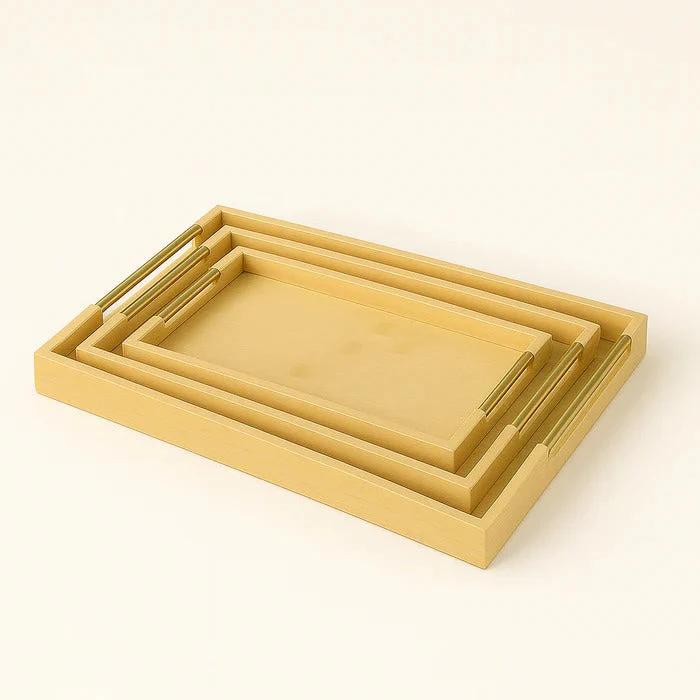 3Pc Bamboo Serving Tray Set with Gold Handles