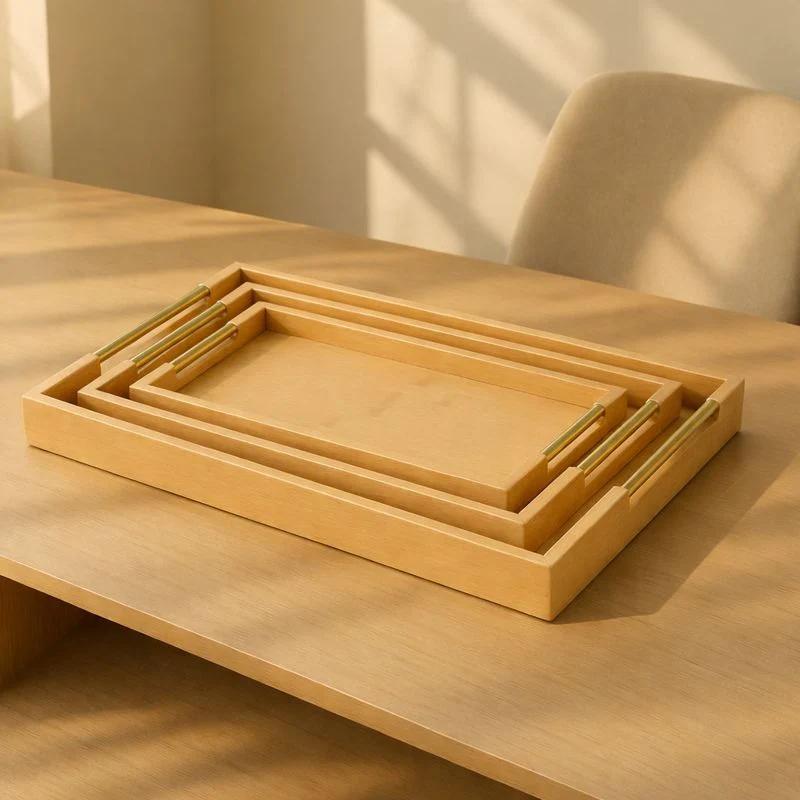 3Pc Bamboo Serving Tray Set with Gold Handles