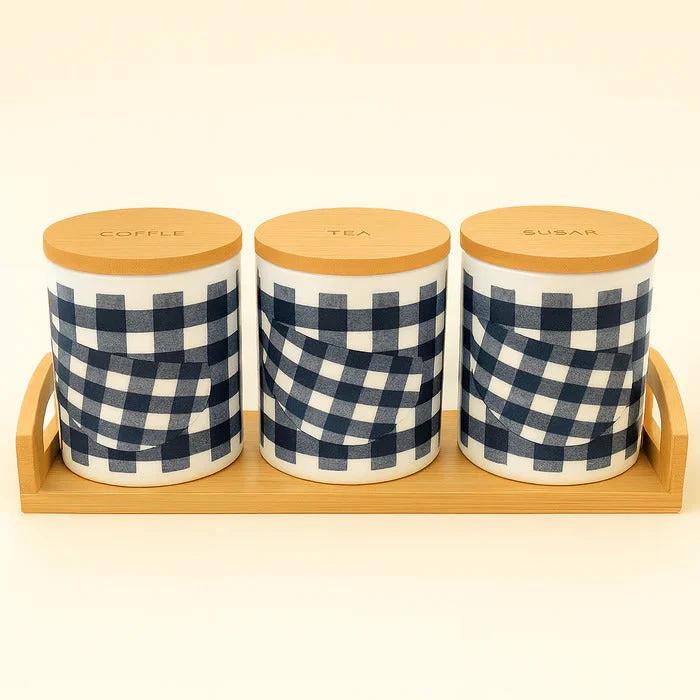 3Pc Checkered Ceramic Tea, Coffee & Sugar Jar Set with Bamboo Tray