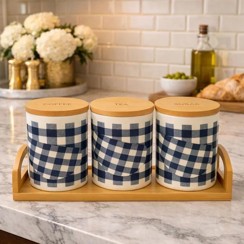 3Pc Checkered Ceramic Tea, Coffee & Sugar Jar Set with Bamboo Tray